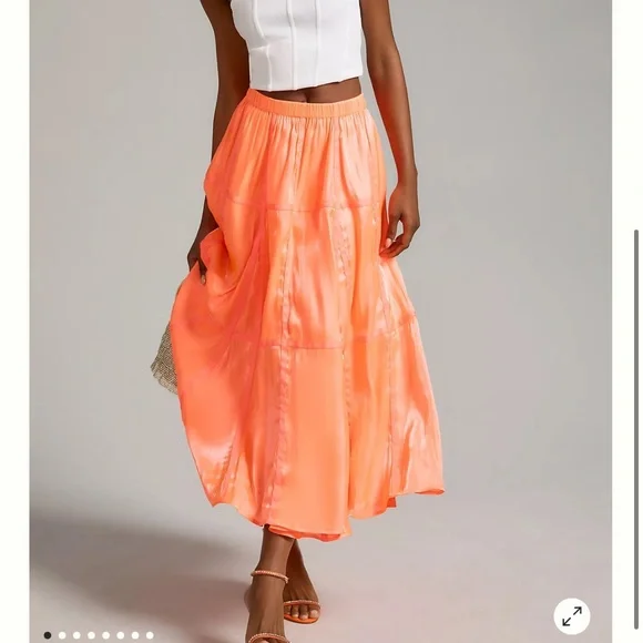 Anthropologie Satin parachute Tiered Maxi Skirt in Bright Coral - Picture 1 of 7